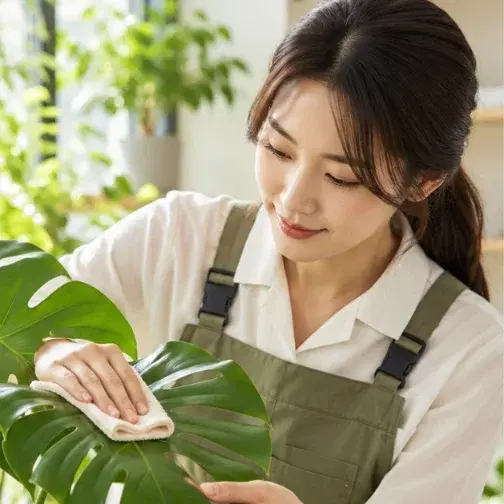 전담 매니저가 몬스테라 잎을 닦아 관리하는 모습